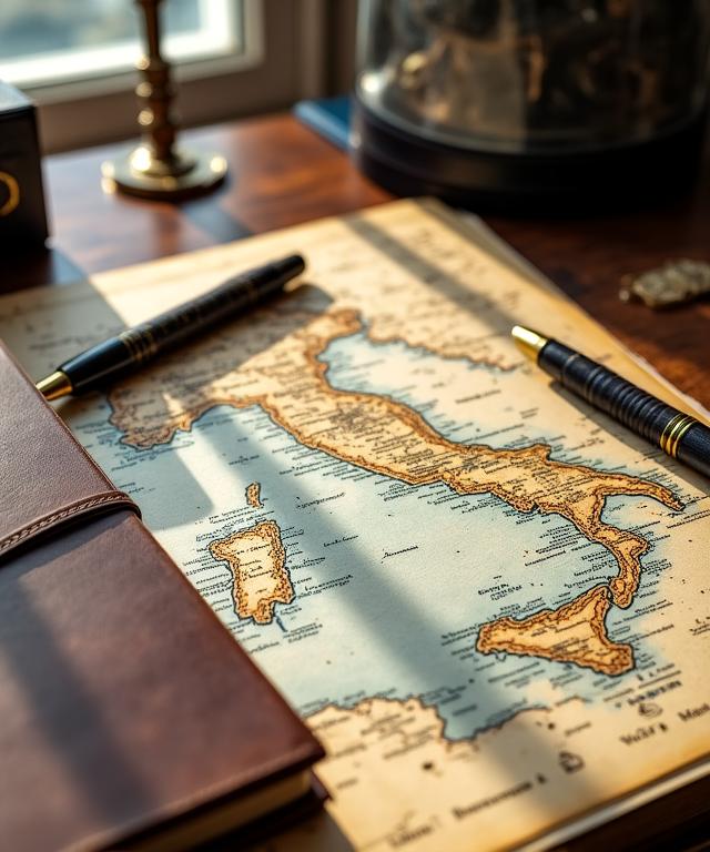 Un esperto esploratore che consulta un'antica mappa e planimetrie di siti romani